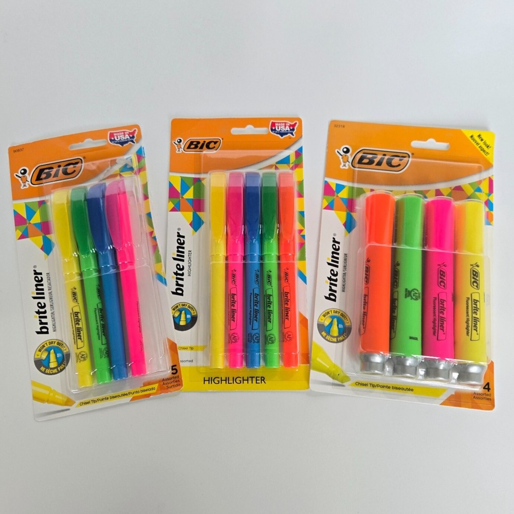 Bic Brite Liner Lot Thin Thick Highlighter‎ Chisel Tip Fluorescent 90837 32318